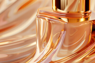 Luxurious golden liquid foundation with elegant glass bottle on swirling fluid background. - obrazy, fototapety, plakaty