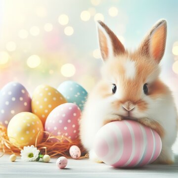 A close shot of a cute Easter baby bunny sitting in a nest of colored eggs on a pastel background. High-resolution. AI Generative Pro Photo