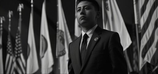 In black and white a student president stands in front of a row of flags looking resolute and ready to take on the responsibilities of leadership. - obrazy, fototapety, plakaty