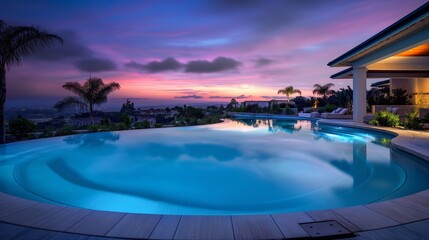 Fototapeta na wymiar Twilight tranquility in an HD capture of a pristine pool, featuring modern design elements and a seamless blend with the surrounding landscape