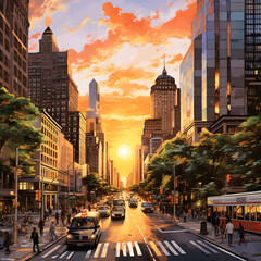 Golden Hour Cityscape: A Vibrant Blend of Modern Architecture, Vibrant City Life, and Nature's Glory
