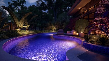 Twilight tranquility in a breathtaking pool scene, where strategically placed LED lights create a mesmerizing ambiance in this upscale oasis