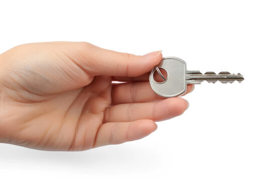 A hand holding a key isolated on gray background