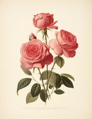 Vintage Illustration of Pink Roses with Stem and Leaves

