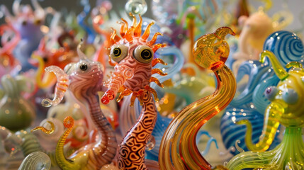 A stunning collection of whimsical glass figurines each one showcasing incredible detail and whimsy drawing the viewers eye closer to admire the craftsmanship.