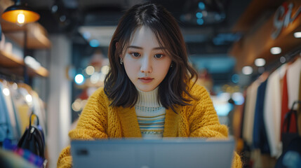 Asian young woman's hands as she sits in front of a computer laptop, fully engaged in her work as a designer and stylist.