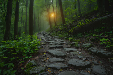 Water stone path in the middle of a dense forest with large trees on the side, sunlight slipping between the leaves