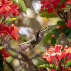Hummingbird flying near red flowers