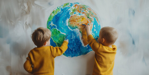 Two 7 year old boys are drawing a smiling planet earth on a white wal