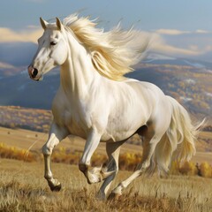 Obraz na płótnie Canvas White horse running in a field