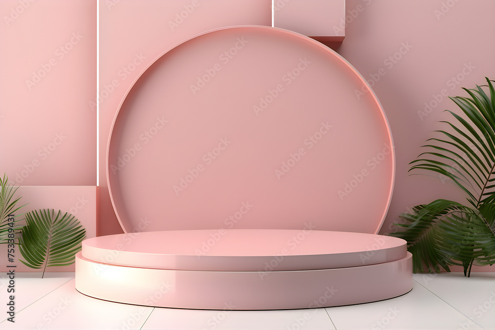 Poster 3d illustration of a pink circle podium stand on the background of a geometric composition. 3d rende