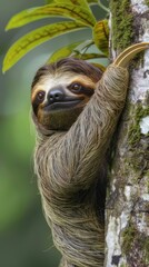 Fototapeta premium A sloth hanging on a tree branch.