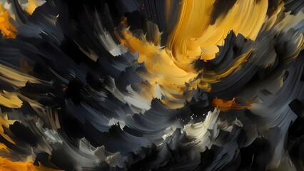 a yellow and black painting with a black background