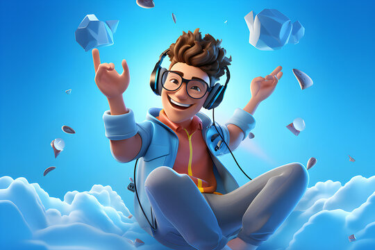 funny cartoon character boy  sits in the lotus position and thinks,  generated by AI. 3D illustration generated by AI. 3D illustration