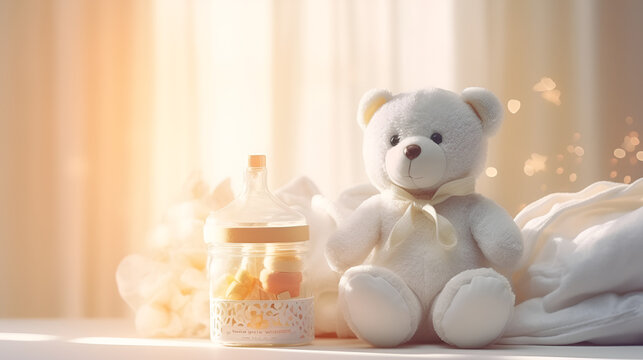 There is a teddy bear that is sitting on the bed  with pillows and lighting background