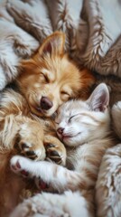 A cat and puppy peacefully sleeping together, showcasing love and friendship between pets.