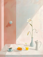 Morning Bliss: Croissants and coffee in contemporary interior Café. Acrylic painting illustration. french breakfast