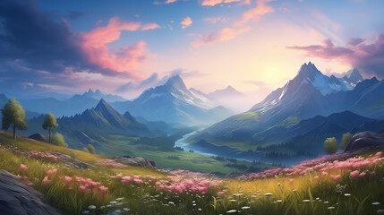 Mountains during sunset. Beautiful natural landscape in the spring time. Scenic image of mountains...
