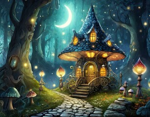 Fototapeta na wymiar 月明かりの森の中のキノコの家と三日月