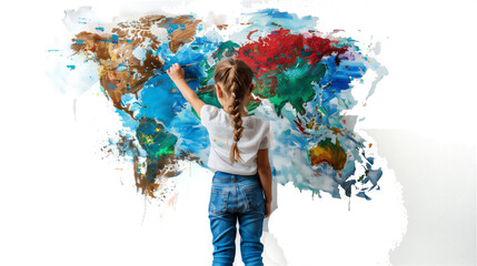 8 year old girl painting planet earth on white wall