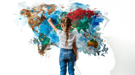 8 year old girl painting planet earth on white wall