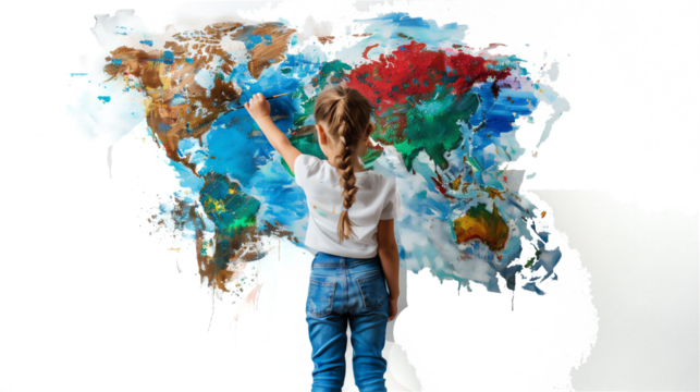8 year old girl painting planet earth on white wall