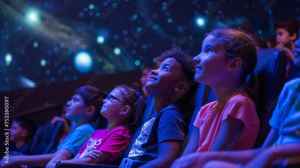 Poster inside a planetarium students sit in awe as they are transported through time and space learning abo