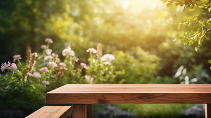 Empty wooden table with spring background. Wooden table terrace with Morning fresh atmosphere nature. Park with garden bokeh background with country outdoor, Template mock up for display of product - obrazy, fototapety, plakaty