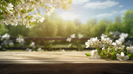 Empty wooden table with spring background. Wooden table terrace with Morning fresh atmosphere...