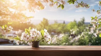 Empty wooden table with spring background. Wooden table terrace with Morning fresh atmosphere nature. Park with garden bokeh background with country outdoor, Template mock up for display of product - obrazy, fototapety, plakaty