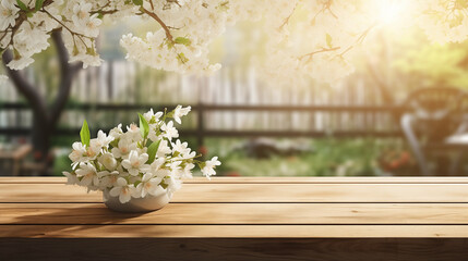 Empty wooden table with spring background. Wooden table terrace with Morning fresh atmosphere nature. Park with garden bokeh background with country outdoor, Template mock up for display of product