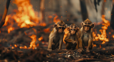 A group of monkeys were sad because the forest was scorched by fire in the middle of the forest - Powered by Adobe