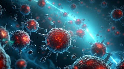 Nano bots, red blood cells, virus cells infection, medical nano technology illustration. 3D nanobots, virus, human blood microscopic view. Futuristic nanotechnology robots medicine science background