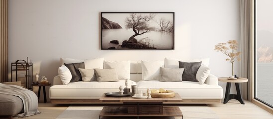 Fototapeta na wymiar Modern living room with white sofa and space for customizable images on the wall