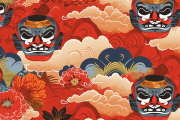 Add a touch of Chinese mystique to your project with a seamless pattern background, featuring elements like traditional masks, Generative AI