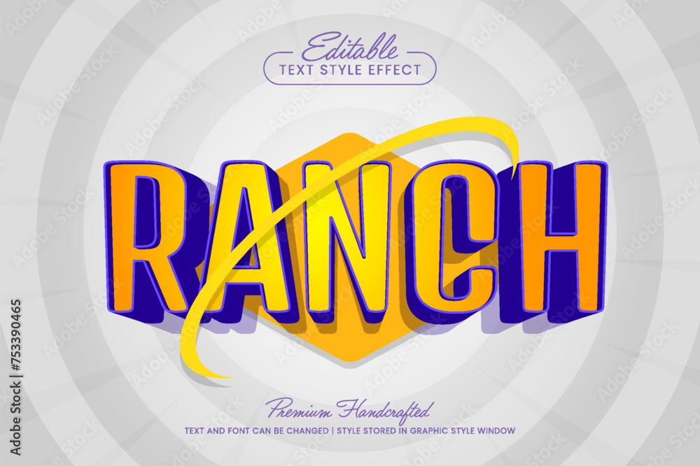 Poster ranch 3d vector text effect graphic style. editable vector headline and title template.