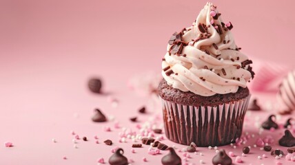 Chocolate muffin cupcakes on pink background: A template ideal for showcasing product presentations with copy text area banner.