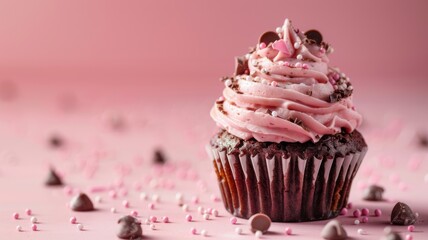 Chocolate muffin cupcakes on pink background: A template ideal for showcasing product presentations with copy text area banner.