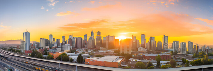 Golden Hour Cityscape: A Vibrant Blend of Modern Architecture, Vibrant City Life, and Nature's Glory