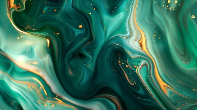 Abstract background, swirls of liquid paint in green, blue and gold color