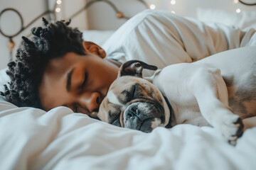 Young man and dog sleeping together in white bed at home. Concept of animal love