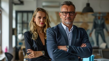 Business man and woman standing with arms crossed in the office Generative Ai