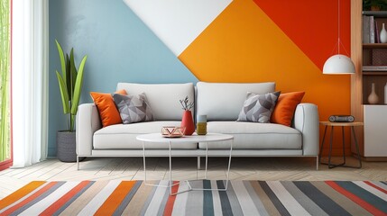 Vibrant geometric patterns on a living room wall with a subtle sheen
