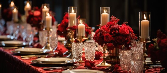 Elegant table arrangement with gold decorated glasses candles and red flowers
