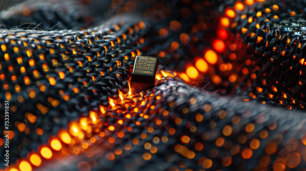 Poster a magnified view of a small electronic component attached to a piece of fabric through the use of co