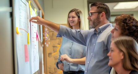 a group of colleagues at work showing an idea on a board, diverse businesspeople brainstorming with adhesive notes on an office wall. american urban life, joyful and optimistic. generative AI