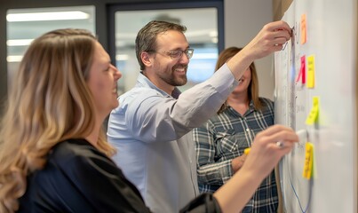 a group of colleagues at work showing an idea on a board, diverse businesspeople brainstorming with adhesive notes on an office wall. american urban life, joyful and optimistic. generative AI