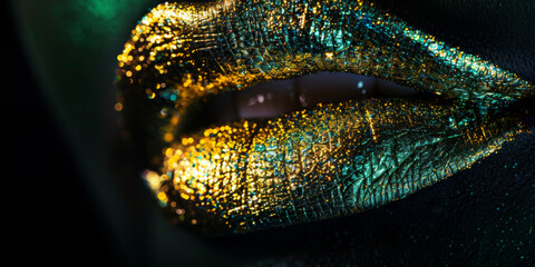 close up of lips with golden glitter, generative AI