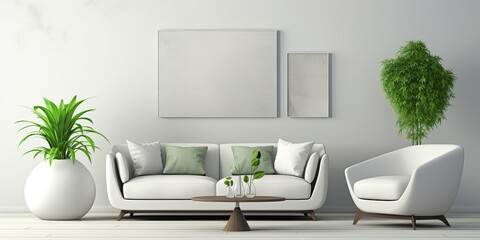 Minimalistic living room with modern white designer sofa, futuristic chair, green plant, abstract picture, and two vases on table; all on a grey carpet, surrounded by high ceiling.