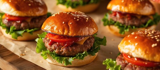 Closeup of a delicious and enticing hamburger cheeseburger.